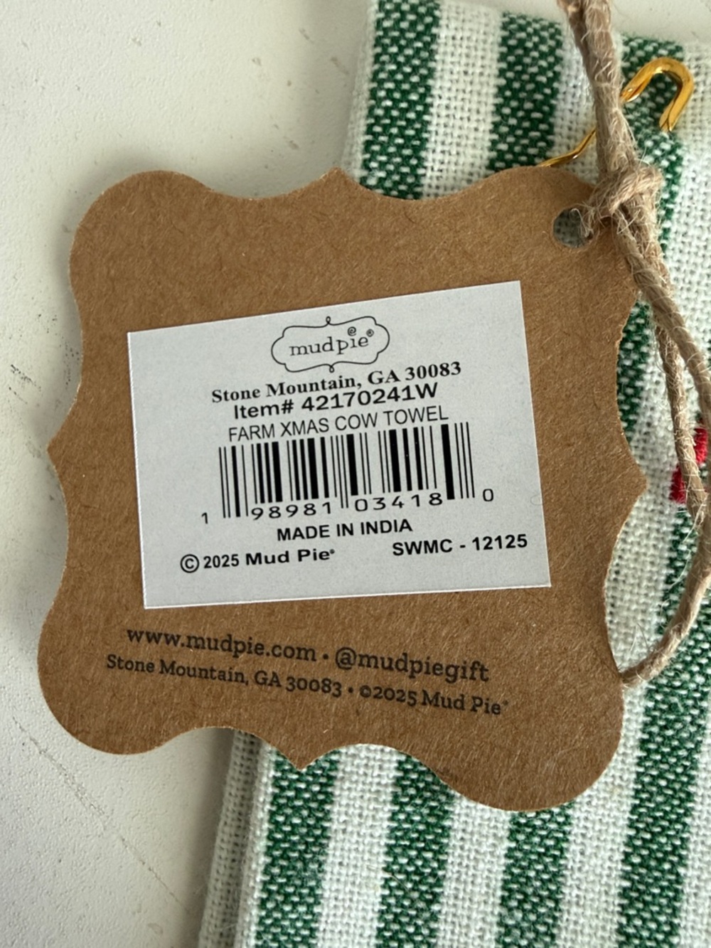 Mud Pie Green & White Striped Holiday Cow Towel with Red Accents - Picture 4 of 6